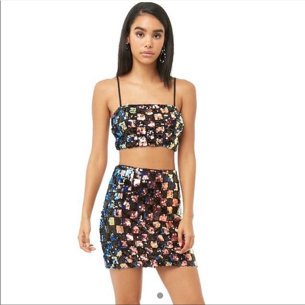 Forever 21 Checkered Multicolor Sequin Skirt Top Set